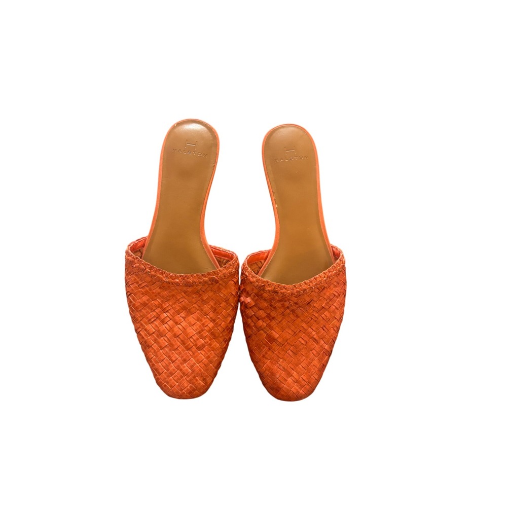 Halston Gwen Orange Woven Leather Pointed Toe Flat Slide Sandals Womens 8.5 M